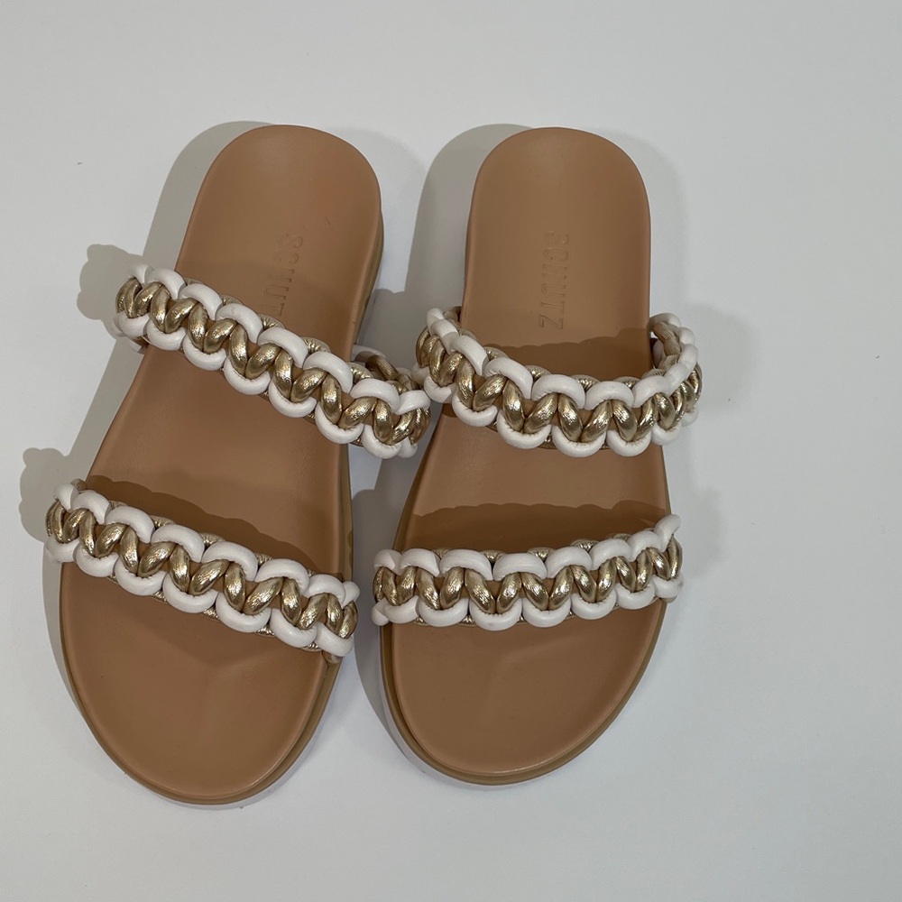 NWT Schutz Juliet Sport Slide White Gold Braided Slip On Size 9.5 - Picture 2 of 7